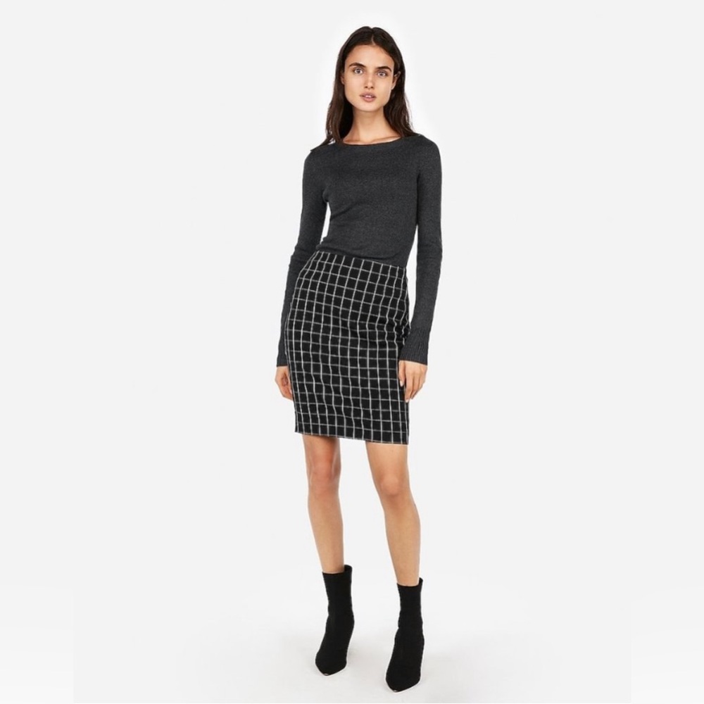 EXPRESS High Waisted Pencil Skirt Black & White Grid Windowpane Pattern